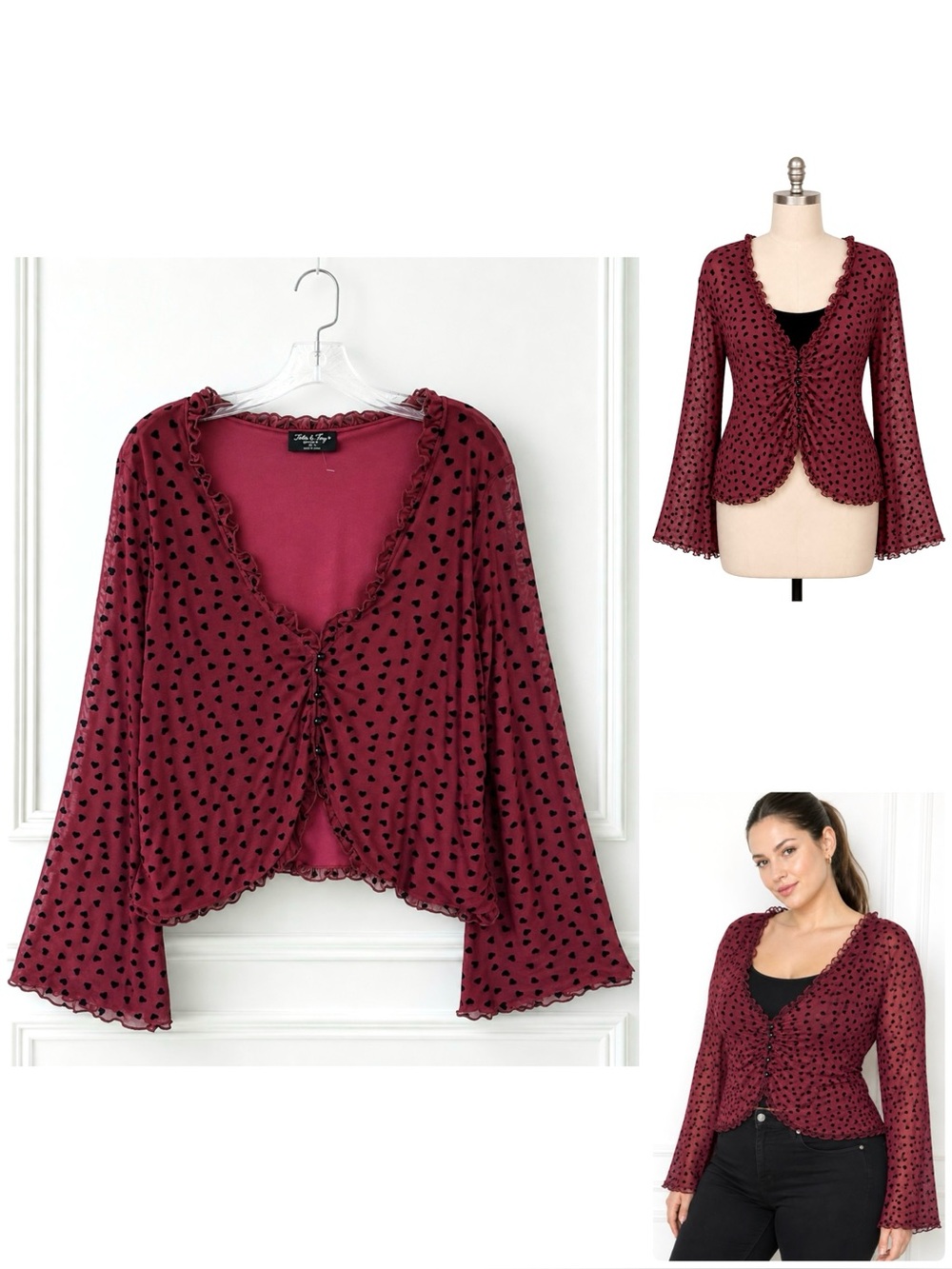 Jolie & Joy Boho Blouse Long Bell Sleeve Ruffle V-Neck Velvet Black Heart